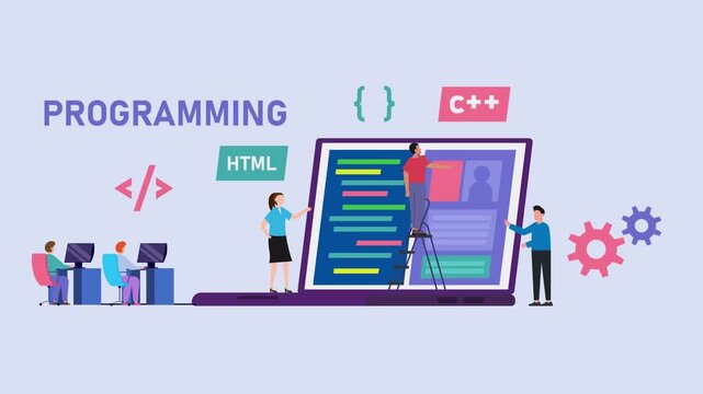 Web Development and Programming Team Working on Large Laptop Screen with HTML and C++ Code Languages cartoon animation