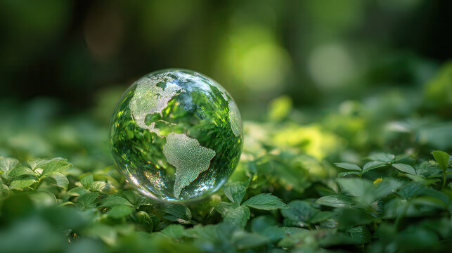 Crystal clear water droplet reflecting lush green forest and foliage