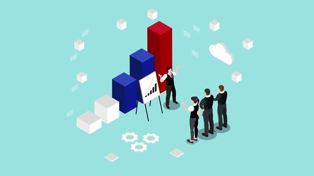 Isometric Business Presentation and Sales Report with Team Analyzing Bar Charts and Data on an Easel 3d animation cartoon