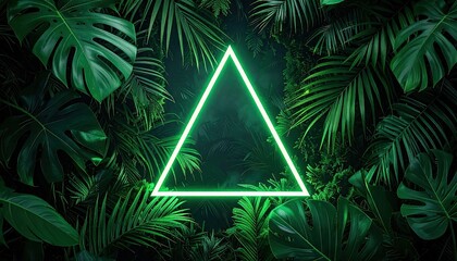 Green triangle neon glow surrounded by jungle leaves