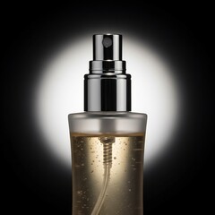 Fototapeta premium Cosmetic spray bottle nozzle and mechanism, beauty product focus concept, dark background