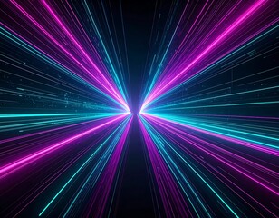 Symmetrical neon lines converging towards a central point in dark space