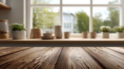 Rustic wooden table in a bright kitchen with blurred background of windowsill decor and outside view