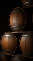 A vintage stack of sturdy oak containers used for maturing fine spirits and beverages, showcasing the texture, hoops, and classic aging environment ,cellar ,wooden ,spirit