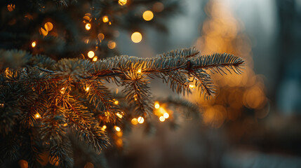 Close-up of green Christmas tree branches with festive texture and natural details, perfect for holiday themes, seasonal decor, and winter celebration imagery.