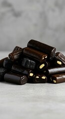 A visually appealing pile of various dark liquorice candies, showcasing different shapes and textures. Sweet and aromatic confectionery ,flavor ,liquorice ,close-up