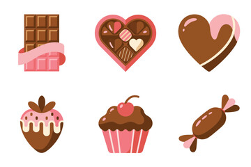 Detailed flat vector icons for holiday desserts, showing chocolate, cupcake, candy, representing sweet party snacks and food,
