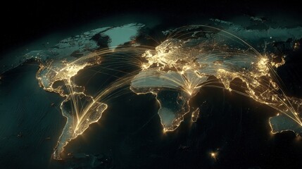 Illuminated world map displays global connections through bright lines showing shipping routes and international logistics in a vibrant view