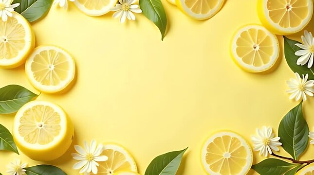A bright background featuring sliced lemons, green leaves, and white blossoms arranged in a modern flat-lay pattern over a soft yellow surface, radiating freshness and summer vibes.