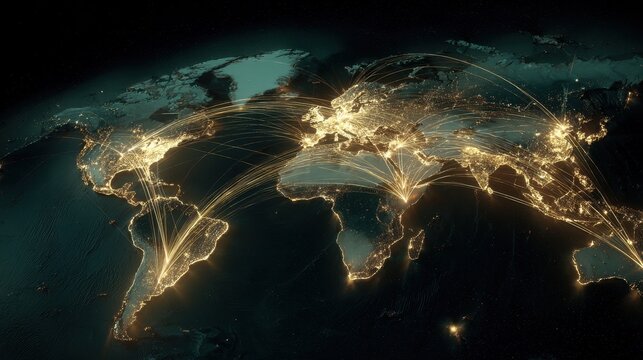 Illuminated world map displays global connections through bright lines showing shipping routes and international logistics in a vibrant view