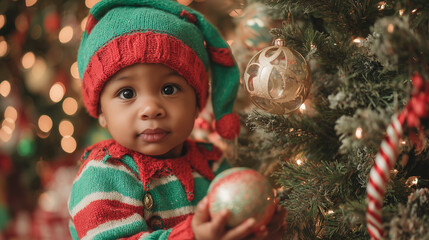 Adorable black toddler dressed as a Christmas elf, smiling in festive costume with holiday lights and warm seasonal atmosphere. Perfect for Christmas promotions and family-themed content.