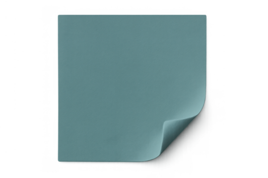 Blank teal sticky note with curled corner on transparent background, template for memo, reminder, or message
