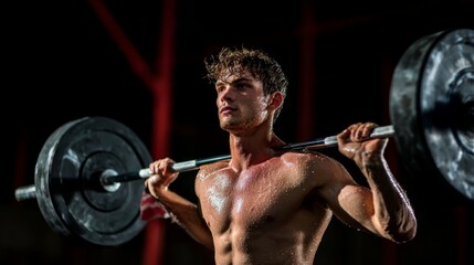 Sweaty young man lifting barbell during intense workout session at the gym