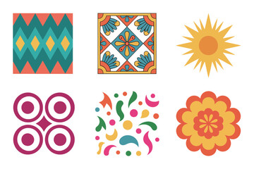 Detailed flat vector icons for folk design, showing patterns, flowers, sun, representing cultural ornament and traditional decor,