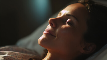 A serene woman enjoys restful sleep, embraced by soft light, radiating calm and tranquility in her peaceful environment.