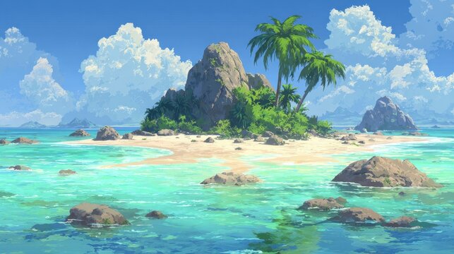 Breathtaking fantasy landscape of a tropical island with palm-fringed beaches and crystal-clear waters under a bright blue sky