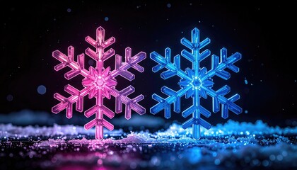 Two colorful crystalline snowflakes glow against dark backdrop