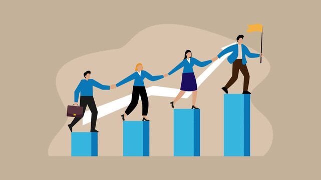 Business Team Climbing Bar Chart Together for Leadership and Financial Growth cartoon animation
