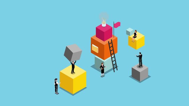 Business Team Climbing Ladder and Stacking Blocks for Project Development and Ideas 3d animation cartoon