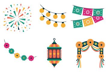 Detailed flat vector icons for street party, showing lanterns, lights, banners, representing festive decorations and celebration,