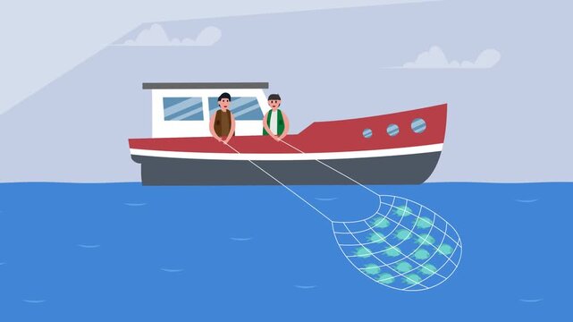 Two Fishermen on a Trawling Boat Pulling a Net Full of Fresh Fish from the Sea cartoon animation