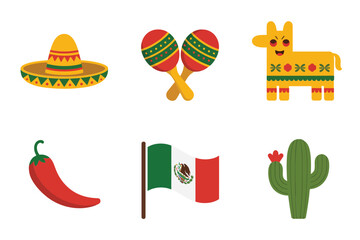 Flat color icons for national identity, illustrating flag, cactus, chili, representing Mexican culture and celebration,