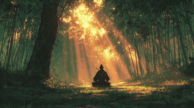 A solitary warrior meditating in a deep forest bathed in dramatic golden sunlight rays.