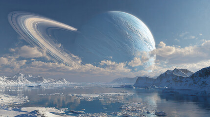 Alien planet landscape with ringed gas giant in the sky