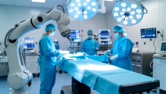An advanced operating room equipped with surgical robots and skilled surgeons preparing for surgery.