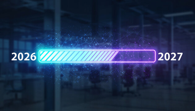 A conceptual image shows the progress of 2026 into 2027. The progress bar shines with blue and purple, signifying advancement and transition