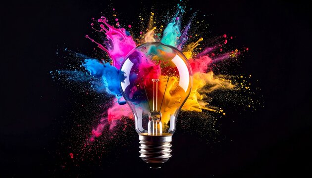 Exploding Colorful Paint Inside a Lightbulb on Black Background with Idea Concept.
