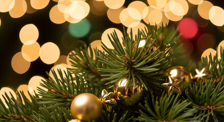 Close-Up Christmas Background with Pine Branches and Golden Ornament Bokeh
