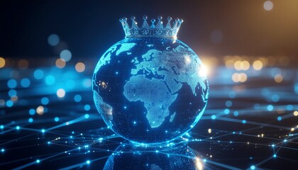 Obraz premium Digital world globe with a crown. Represents global leadership and digital supremacy