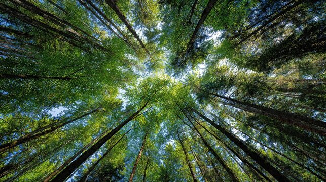 Looking up at tall green trees in a dense forest canopy with bright sun rays filtering through leaves