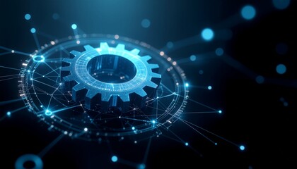 An abstract depiction of a cogwheel surrounded by interconnected lights, representing technological advancements and connectivity