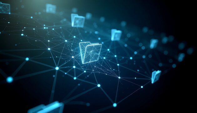 Data storage and connectivity concept with glowing folder icons and connection nodes. The image showcases technology and information data exchange