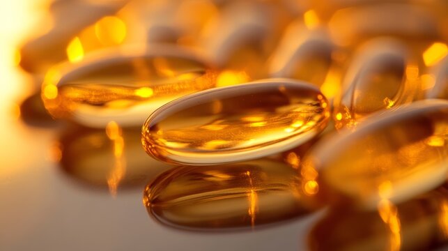 A macro close-up of golden omega-3 fish oil capsules arranged in a circular pattern on a reflective surface. The capsules are illuminated by soft golden light, creating a glowing effect. Tiny
