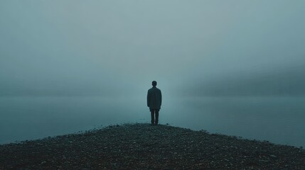 Lonely man standing on misty pebble shore looking out over tranquil cold lake water