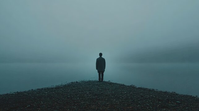 Lonely man standing on misty pebble shore looking out over tranquil cold lake water