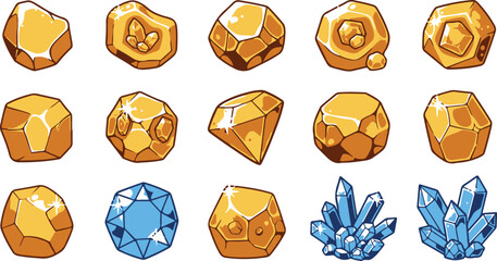 Collection of cartoon gold gems and blue crystal clusters on white © RJ - Creativity