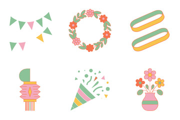 Detailed flat vector icons for holiday party, showing garland, wreath, lanterns, representing joyful celebration and decor,