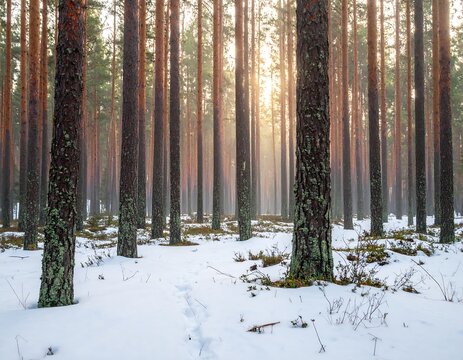Tall evergreen trees in a snowy forest illuminated by soft sunlight