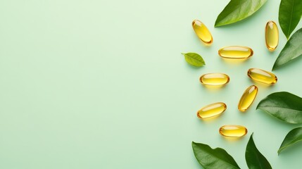 A modern, minimalistic healthcare banner featuring a neatly organized flat lay of golden fish oil capsules and bright green leaves on a pastel-toned background. The capsules appear to be gently