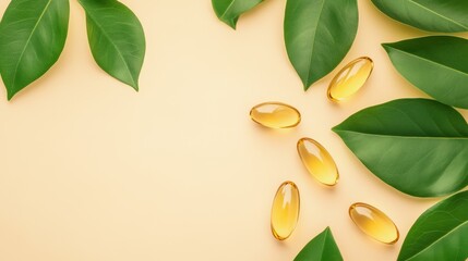 A modern, minimalistic healthcare banner featuring a neatly organized flat lay of golden fish oil capsules and bright green leaves on a pastel-toned background. The capsules appear to be gently