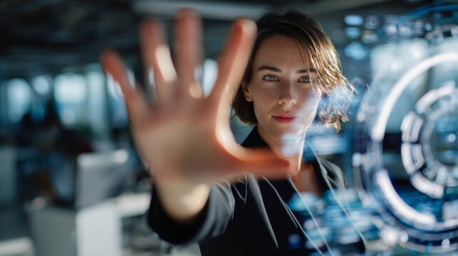 Young woman reaching toward a digital display showing data and graphic elements