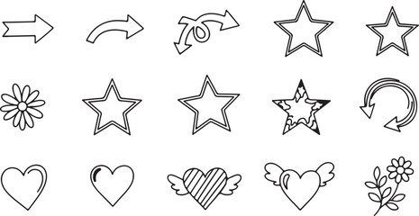 Hand Drawn Doodle Icons Arrows Stars Hearts Flowers