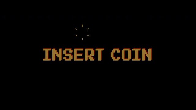 Insert Coin text animation on 8 bit retro game black background. 4k video. Suitable for your video game content, Vintage Arcade Games or Vintage Arcade Games.