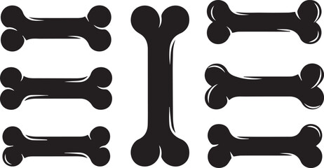 Seven Black Bone Shapes With Outline Detail On White Background Keywords: bone, dog, icon, set