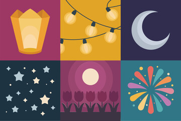 Flat color icons for festival night, illustrating lanterns, fireworks, moon, representing joyous atmosphere and celebration,