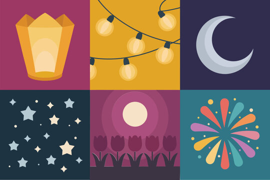 Flat color icons for festival night, illustrating lanterns, fireworks, moon, representing joyous atmosphere and celebration,